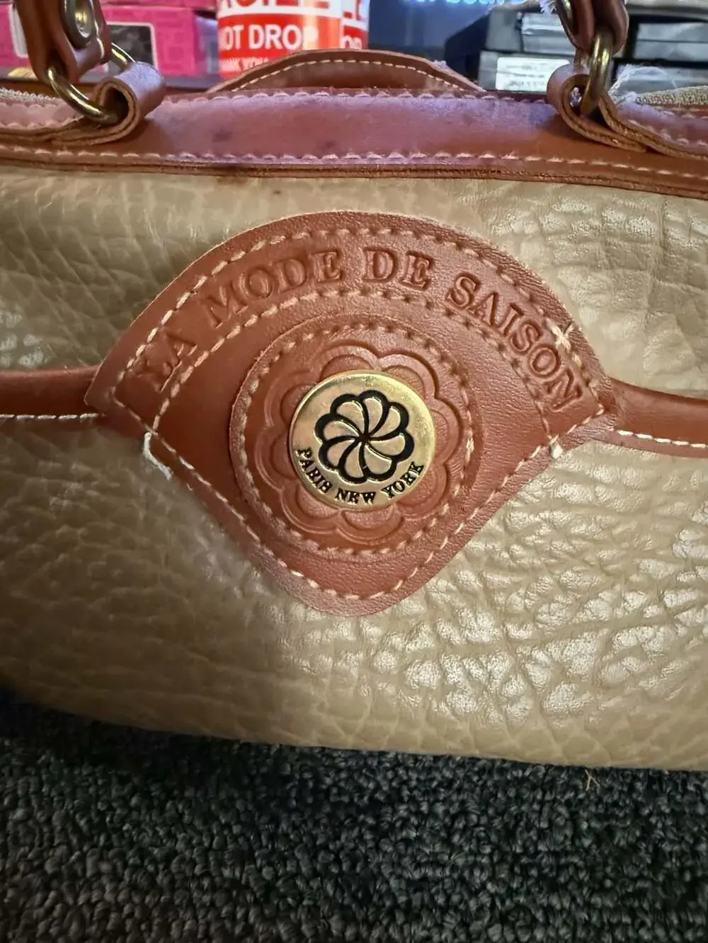 La Mode De Saison Vintage Taupe and Brown Leather Barrel Satchel Handbag